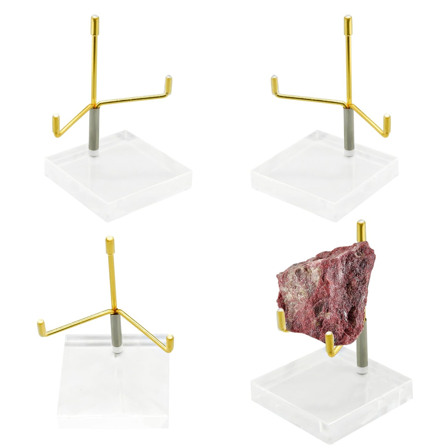 4Pcs Acrylic Easel Display Stand with Adjustable Metal Arms, Crystal Geode Stand for Gemstones Fossils Minerals (2.4 × 2.4 × 3.5 Inch)