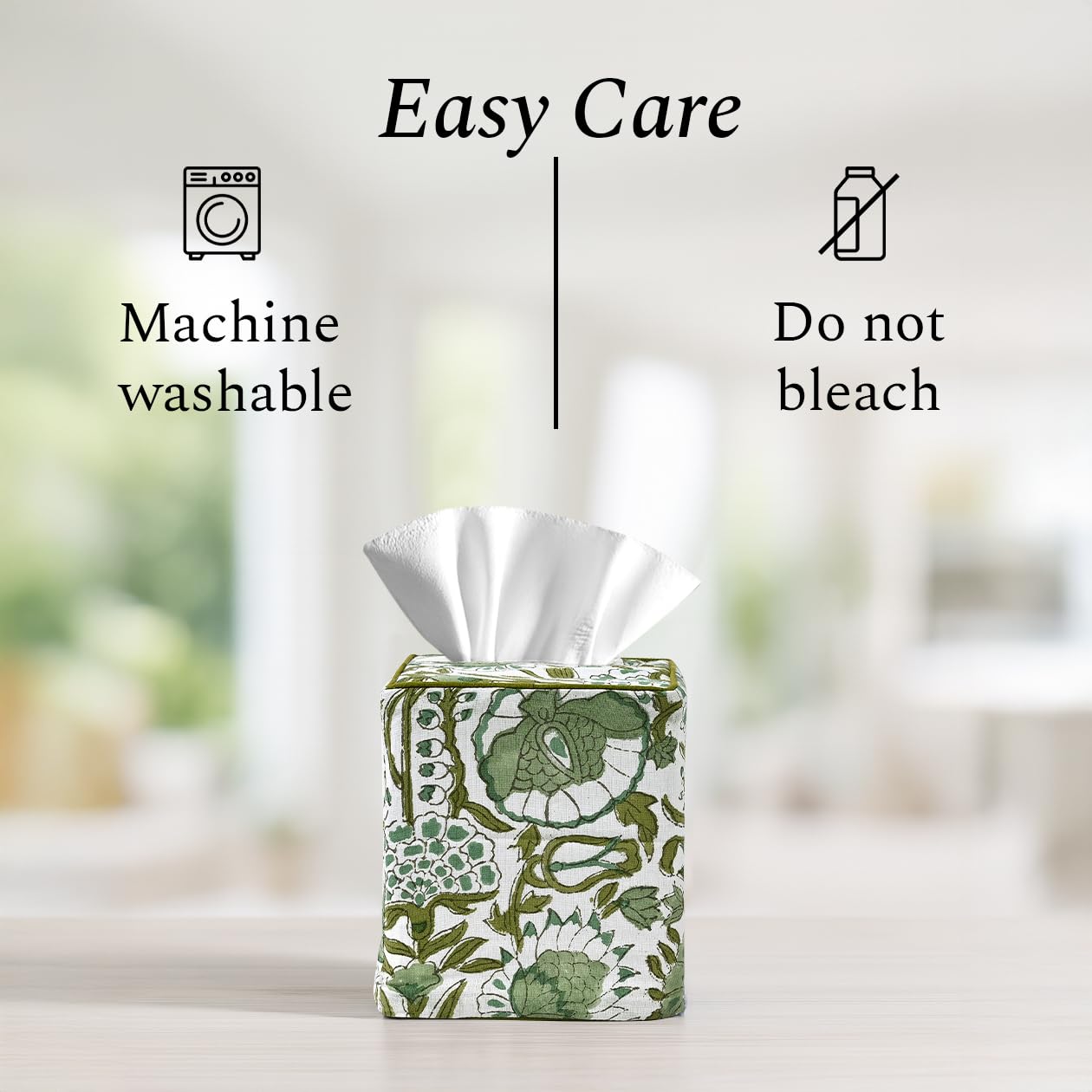 CPC Agate Green Hand Block Printed Cotton Tissue Box Cover 5" x 5" x 5.5" Square Soft Reusable Boho Napkin Holder for Home Kitchen Dining Bathroom Office Cafe Spa, Gift for Spring, Mother's Day