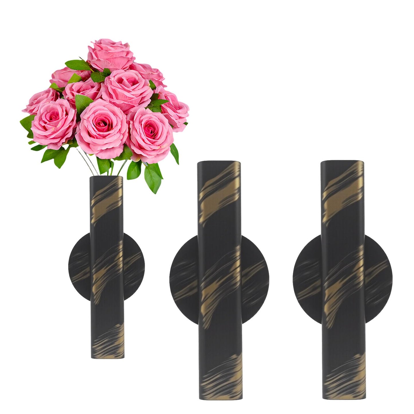 Self Adhesive Wall Vase Metal Tube Decoration Holder Used to Display Dried Flower, Faux Flowers, Fake Flowers, Also Suitable for Cemetery Memorial Decoration (2 Pcs Black and Gold Stripe)