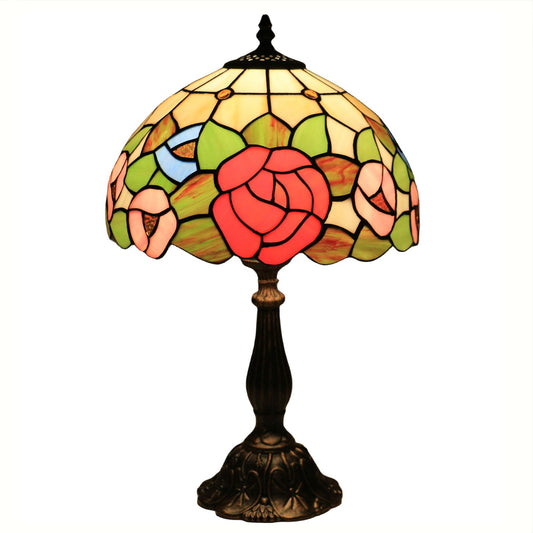 tuomoxte Tiffany Style Table Lamp, Stained Glass Bedside Lamp, Handmade Antique Desk Lamp, Red Rose Pattern, for Living Room Bedroom Home Office, Height 19 Inch, Width 12 Inch, Include LED Bulb