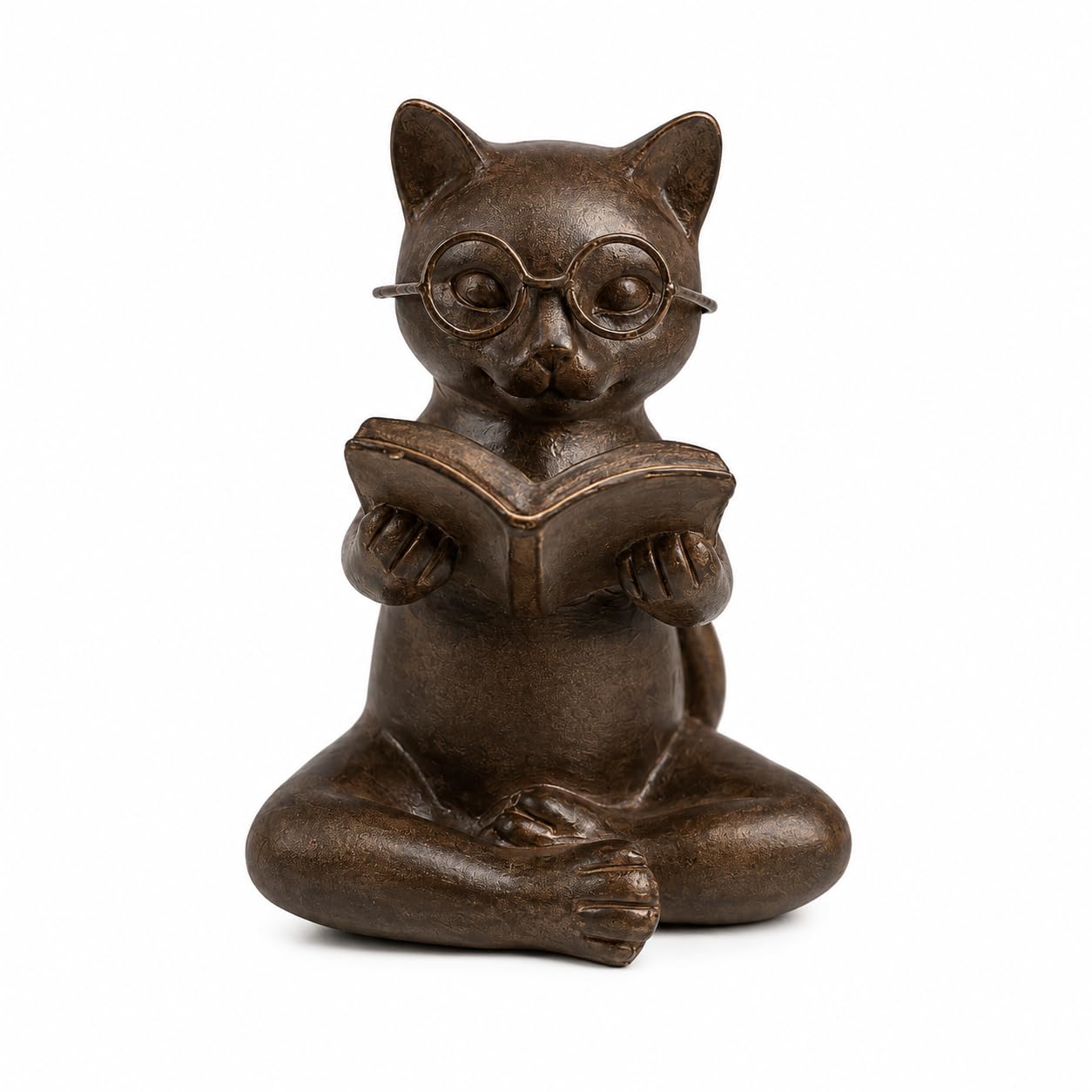 Bronze Cat Figurine Reading Book, Resin Home Décor Accents Statue with Glasses, Cute Tabletop Decor for Bookshelf Desk Office Library, Cat Lovers Gifts for Women Man Teacher Student (Reading Cat)