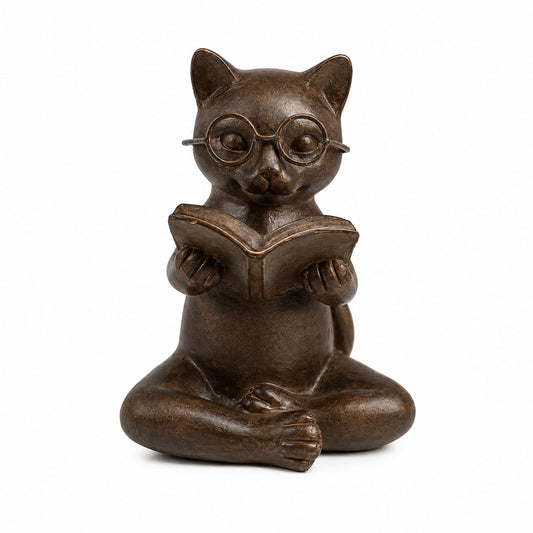 Bronze Cat Figurine Reading Book, Resin Home Décor Accents Statue with Glasses, Cute Tabletop Decor for Bookshelf Desk Office Library, Cat Lovers Gifts for Women Man Teacher Student (Reading Cat)
