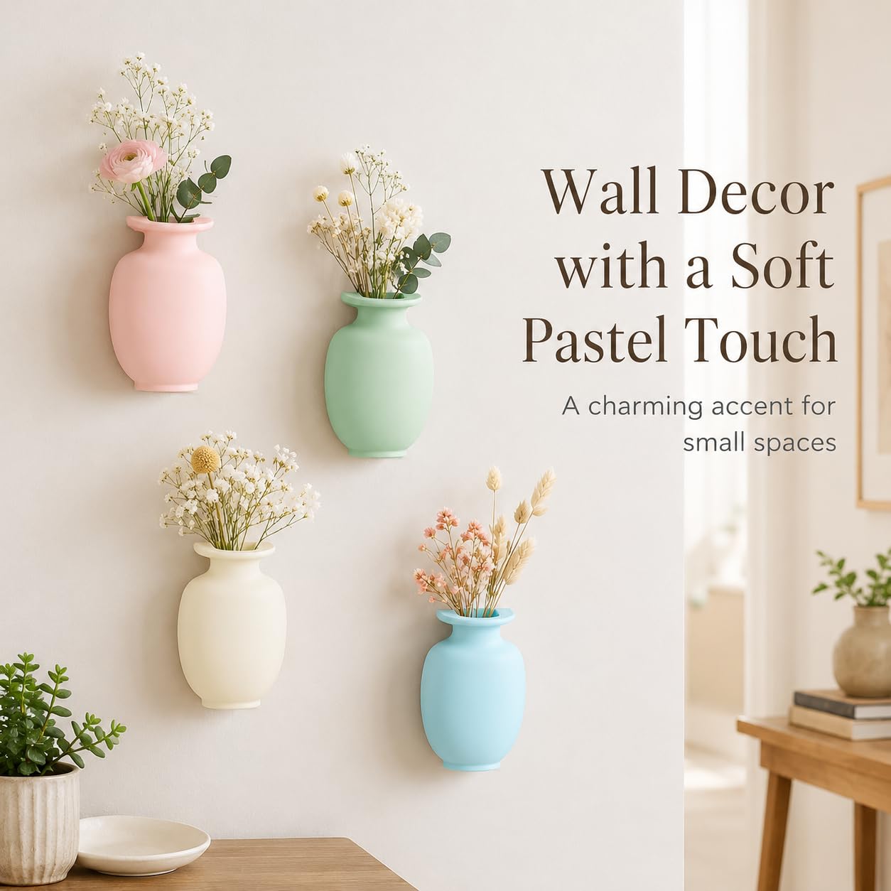 ChezMax Mini Vase 4PCs, Removable Wall-Mounted Flower Vase Reusable Hanging Flower Pot on Fridge Door Glass Window Tile for Home Office Bathroom Shop Decoration (Blue+Green+Pink+Beige)