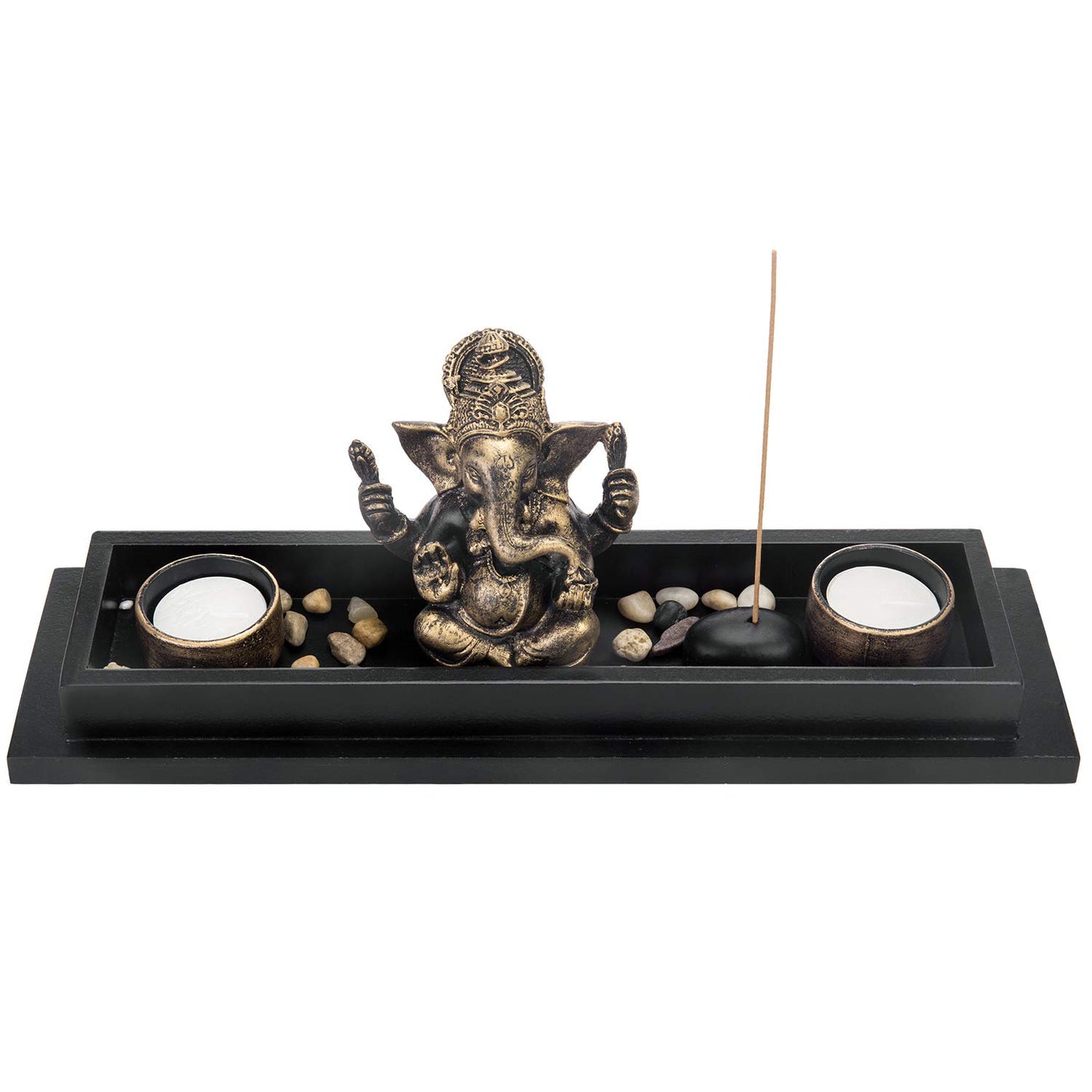 MyGift Mini Zen Garden with Ganesh Statue, Incense Stick Burner, Tealight Candle Holders, Decorative Rocks and Display Tray
