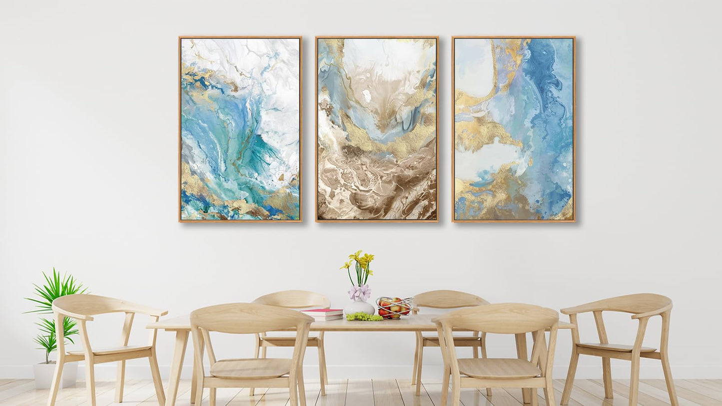 NINEASO Abstract Ocean Framed Wall Art – Vibrant Blue Turquoise Gold White Canvas Pictures Modern Swirls Painting Artwork for Living Room, Office & Home Wall Decor 24 x 16in * 3, Natural Wood Frame