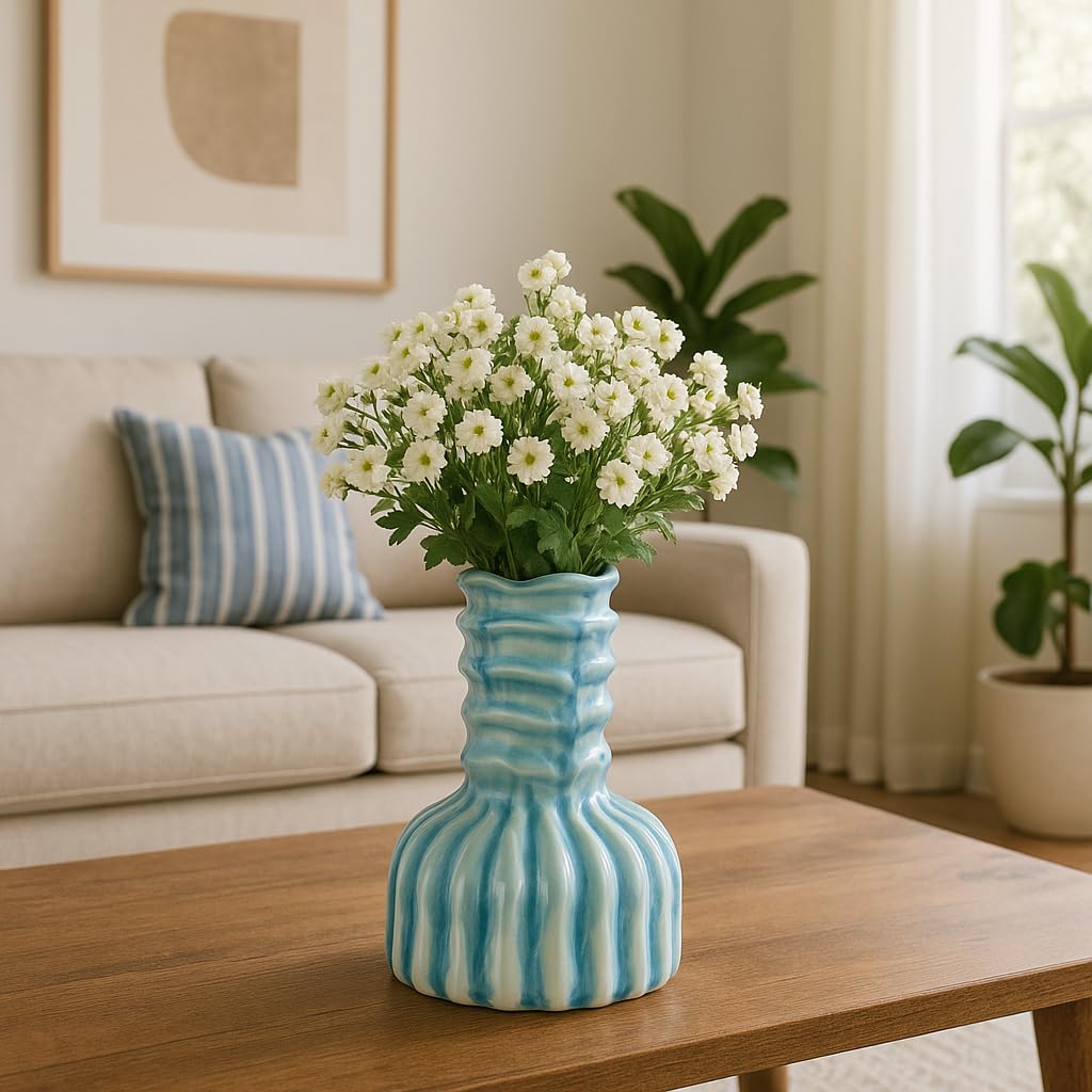 Ceramic Vase for Home Decor – Table Accent That Blends Effortlessly into Office Decor, Bedroom, and Living Room Decor – A Must for Any Flower Vase Collection – 8" Blue