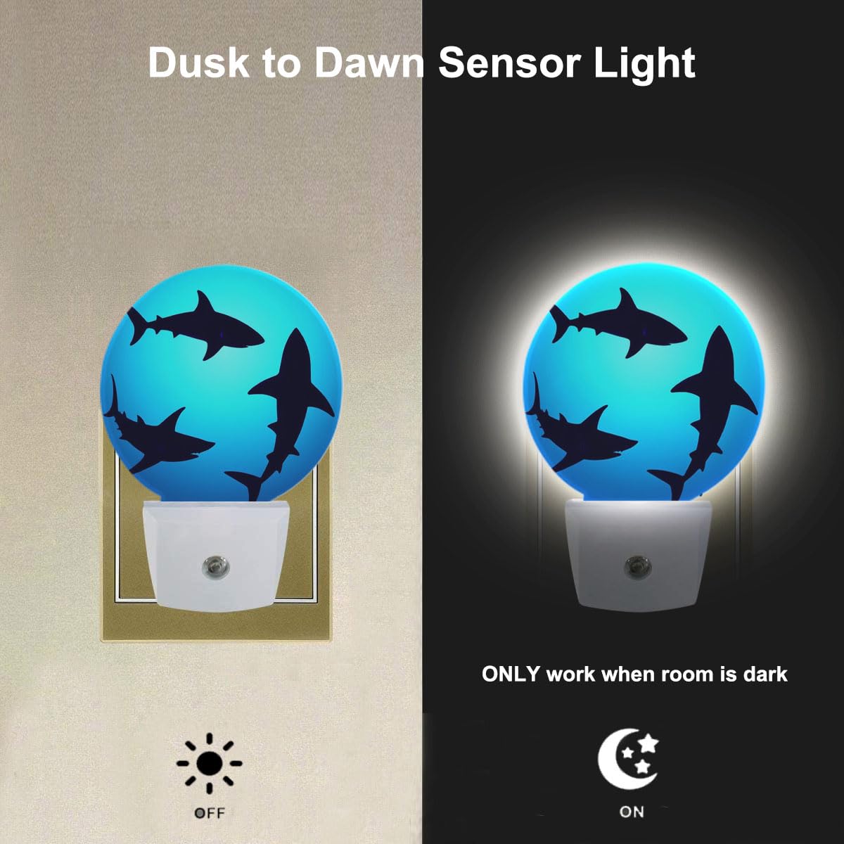 EKOBLA Floating Sharks Night Light, Summer Sea Beach Night Lights Plug into Wall with Dusk to Dawn Sensor, Coastal Nautical Nightlights for Bathroom and Bedroom