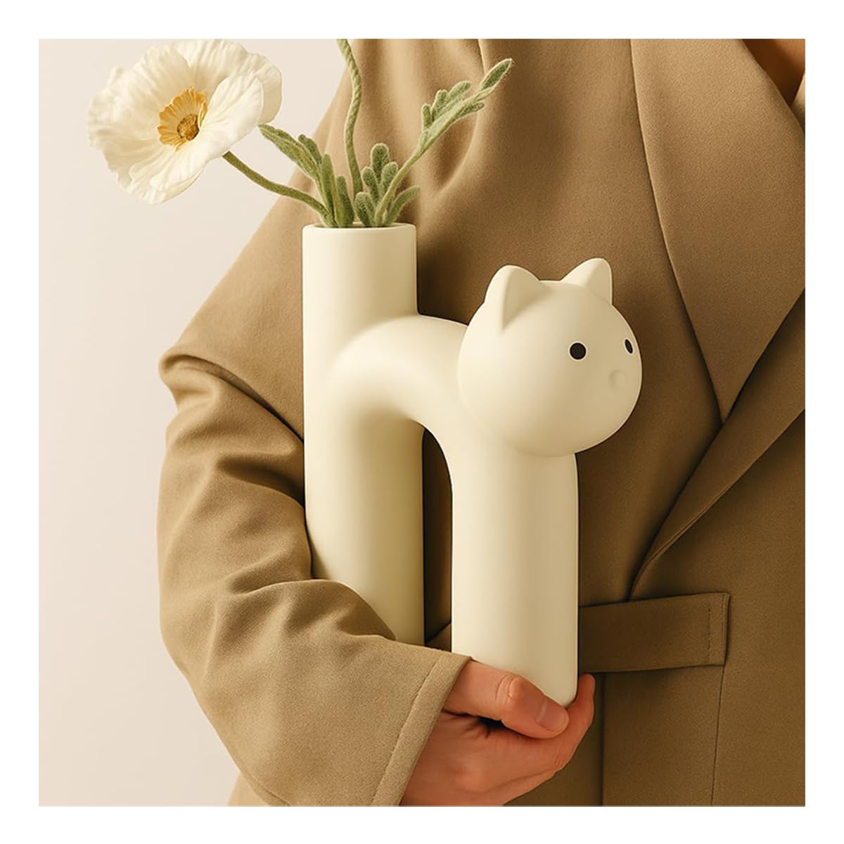 Cat Ceramic Vase Nordic U-Shape, Cute Cat Shaped Bud Vase Minimalist Boho Decor for Room Desk Shelf Entranceway Kitchen Table, Artistic Plant Holder (White)