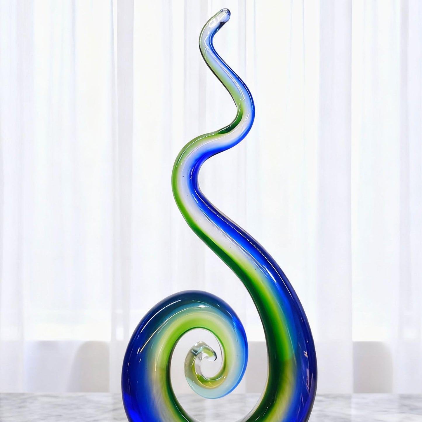 WINGSIGHT Handmade Blown Glass Sculpture, Abstract Spiral Design, Blue and Green Art Ornament with Clear Base, European Style Tabletop Decor