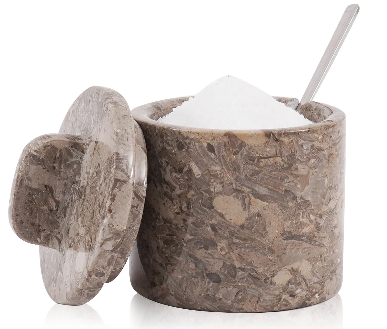 SPESHSTONES Marble Salt Cellar Handmade 4 Inch Salt Containers for Countertop - 5.2 Oz Salt Holder, Marble Sugar Bowl with Lid and Spoon, Spice Jars for Seasoning Container, Stone Salt Box