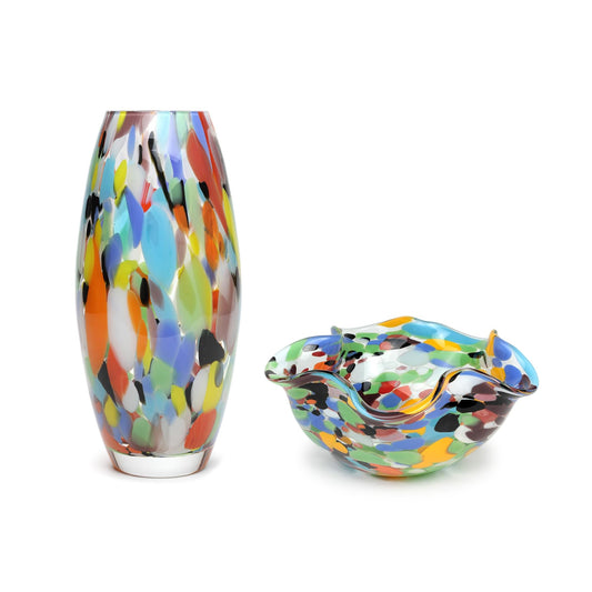 Ca D Oro Colored Glass Vase and Small Waved Bowl Confetti Effect Hand Blown Murano Style Art Glass for Flowers, Room Decoration and Centerpiece Bundle