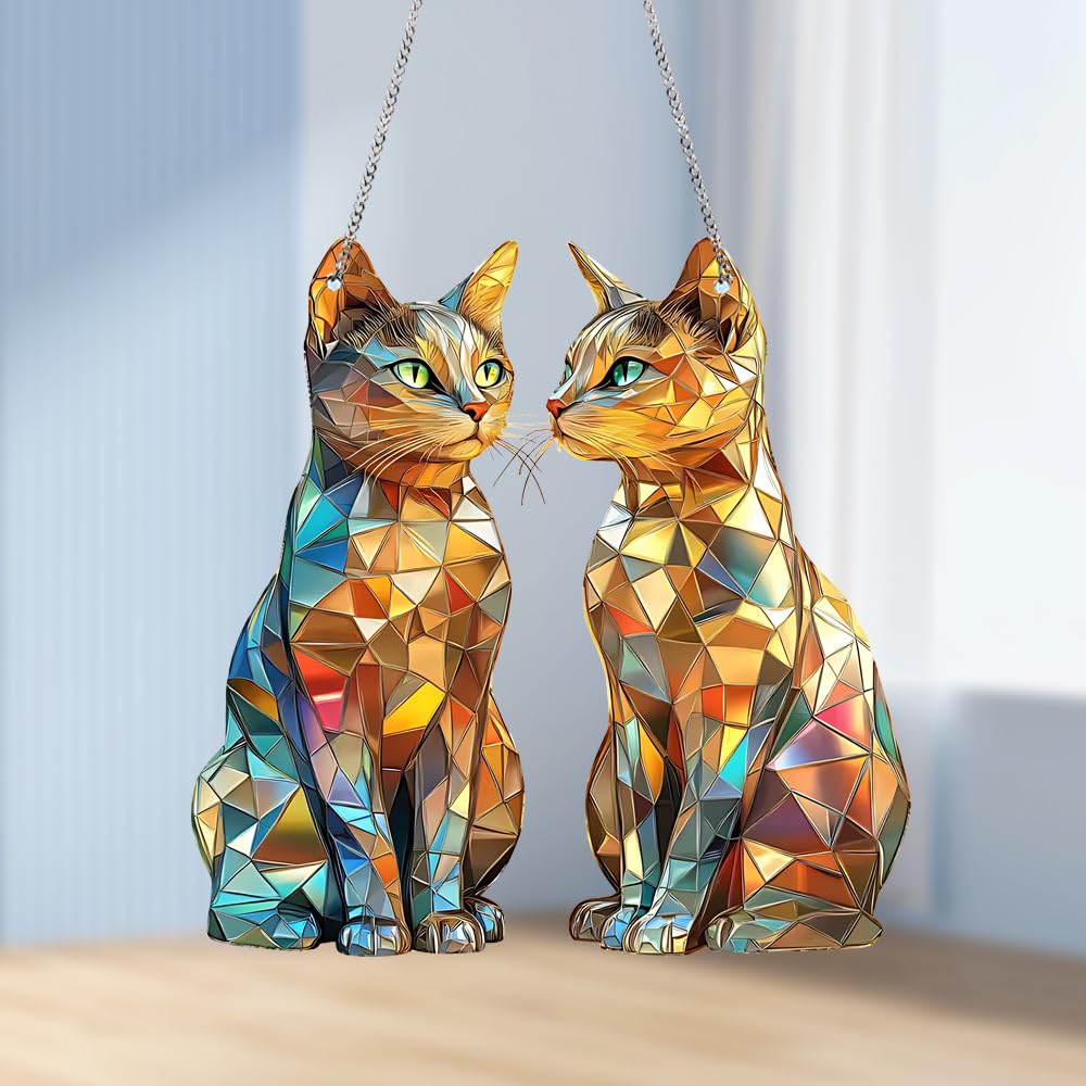 Two Cats Stained Window Hanging Ornament, Kittens Shape Stained Acrylic Double-Sided Printed Window Panel, Great Gift for Mom Grandma Animal Lover for Birthday Mother's Day or Housewarming
