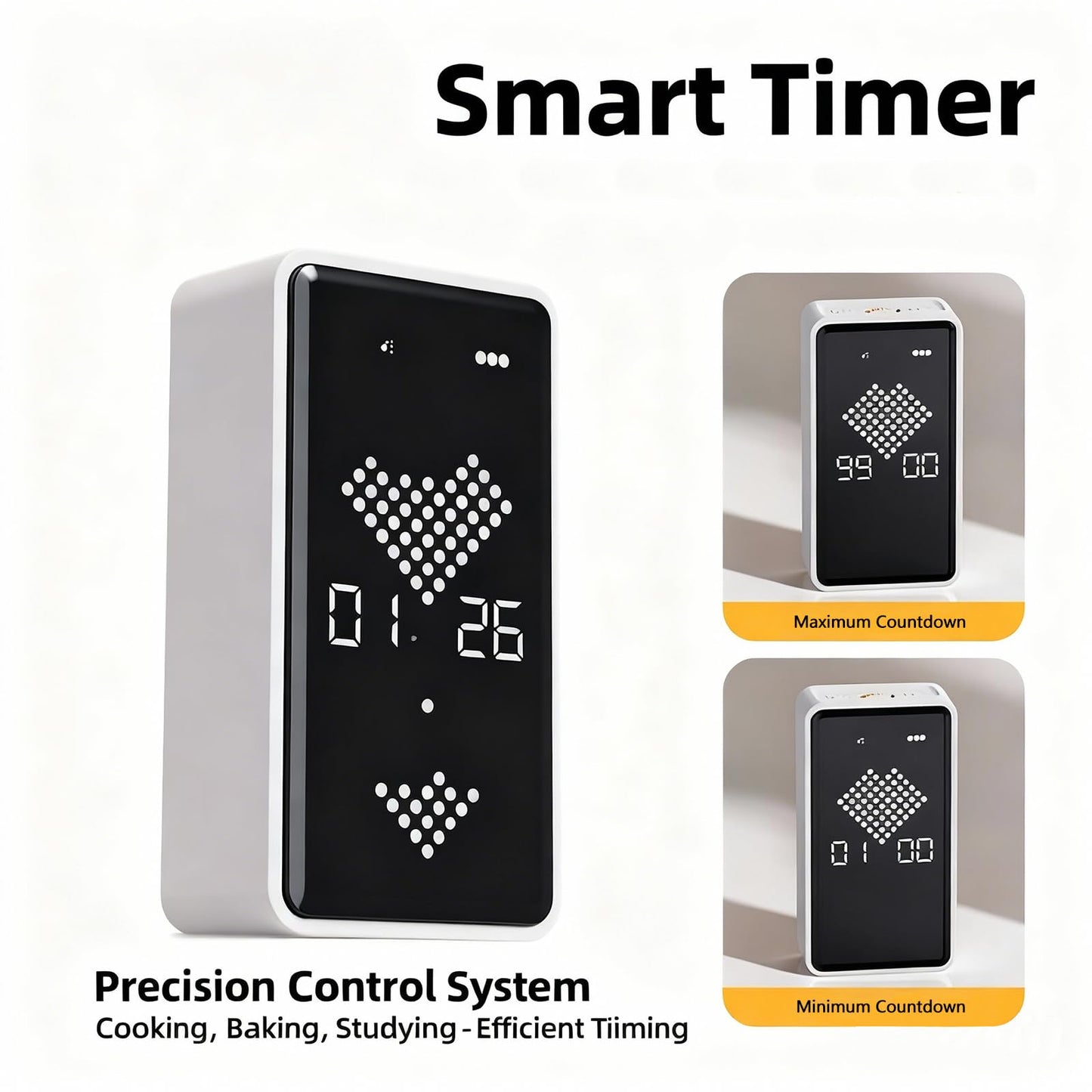 Gravity Digital Hourglass Timer, 1-99 Minutes Magnetic-Backed Hourglass Timer with Customisable Timing Settings Ideal for Kitchen use, Office Productivity, Study Sessions, Gift (White)