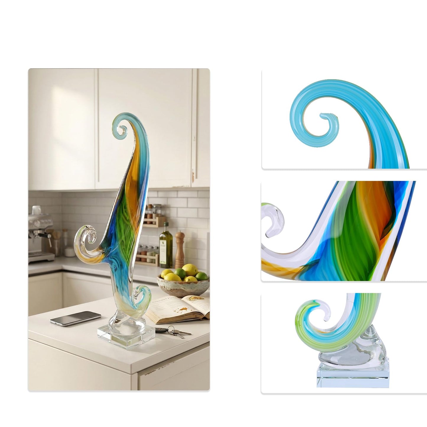 LCCCK 16.9in Tall Glass Wave Sculpture Hand Blown Art Figurine Abstract Twist Statue for Home Decor Living Room Shelf Mantel Tabletop Display Glass Sculptures Decorative Accent Piece