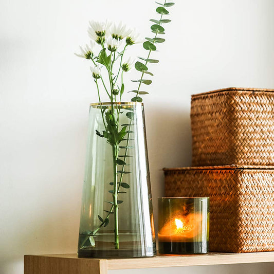 FUNSOBA Green Glass Flower Vase with Gold Mouth for Centerpieces Home Wedding Decoration (1, Small)