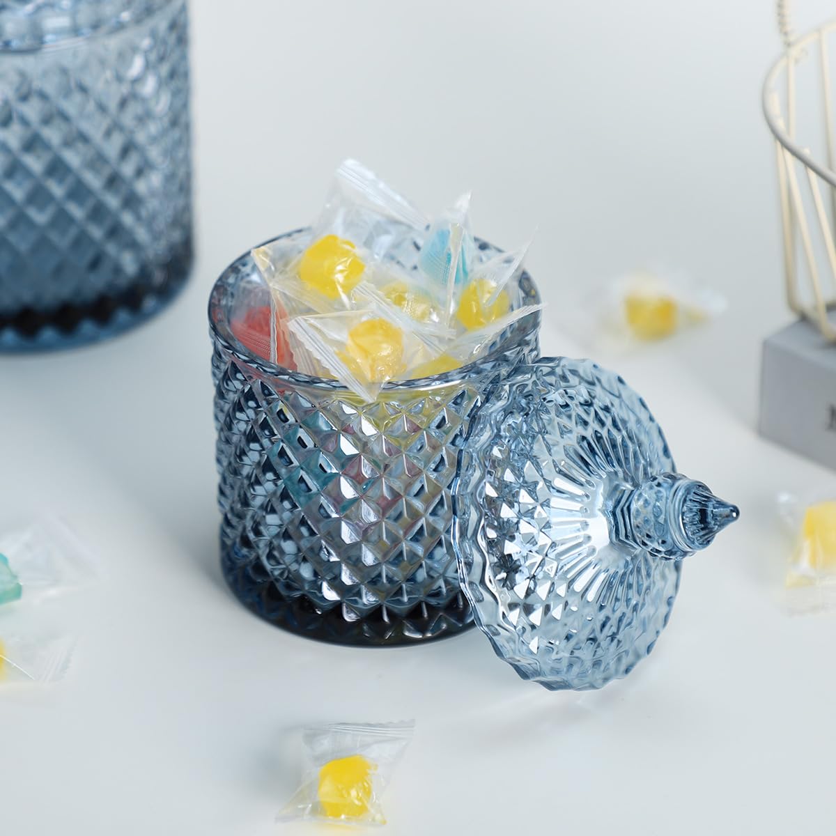 Sizikato Diamond Faceted Crystal Glass Candy Jar with Lid, Blue Decorative Jar, Jewelry Box, Cotton Swab Storage Holder.