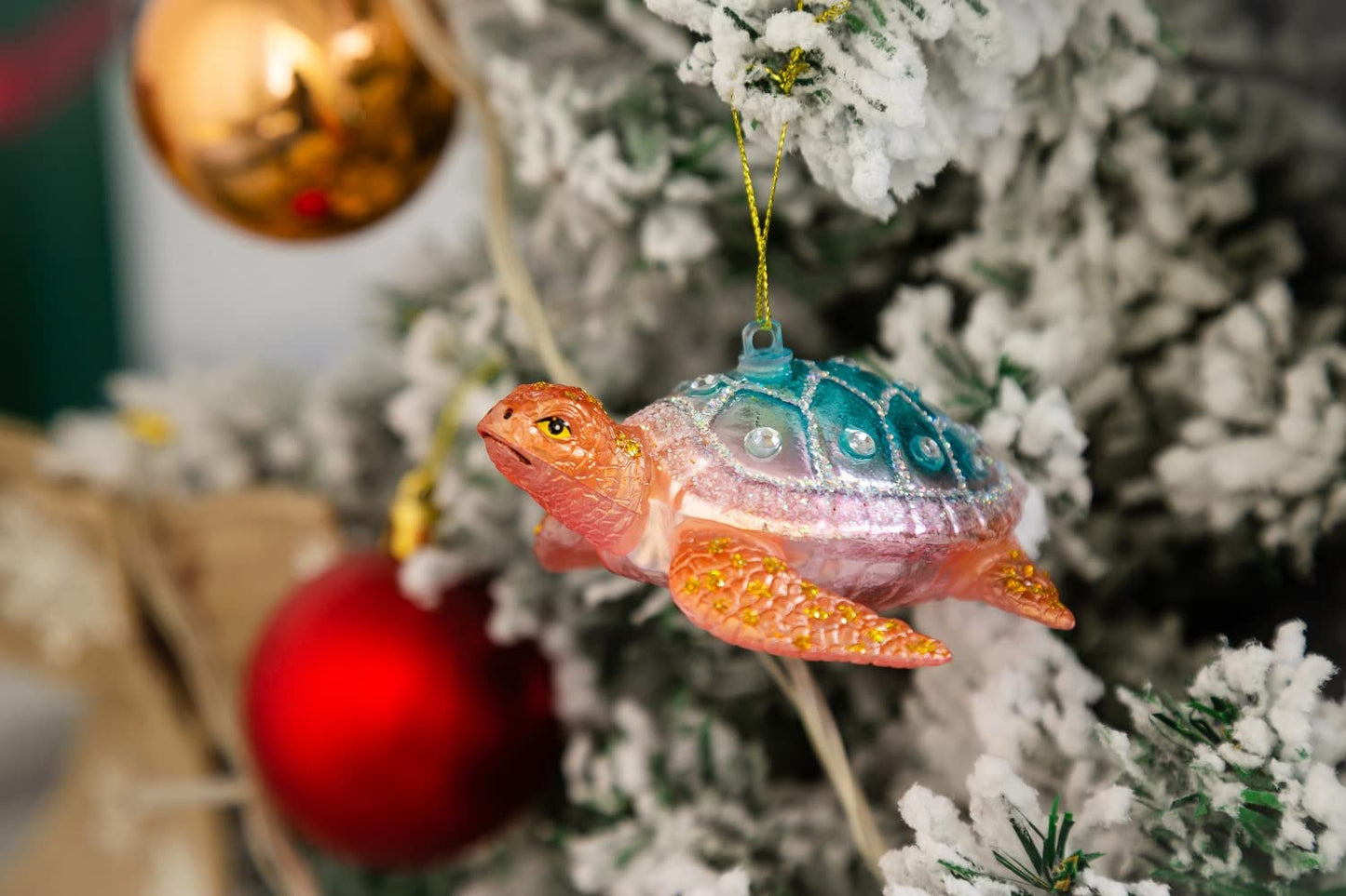 Set of 2 Hanging Sea Turtle Christmas Ornament, Hand Blown Resin Glass Sea Turtle Ornaments for Christmas Tree