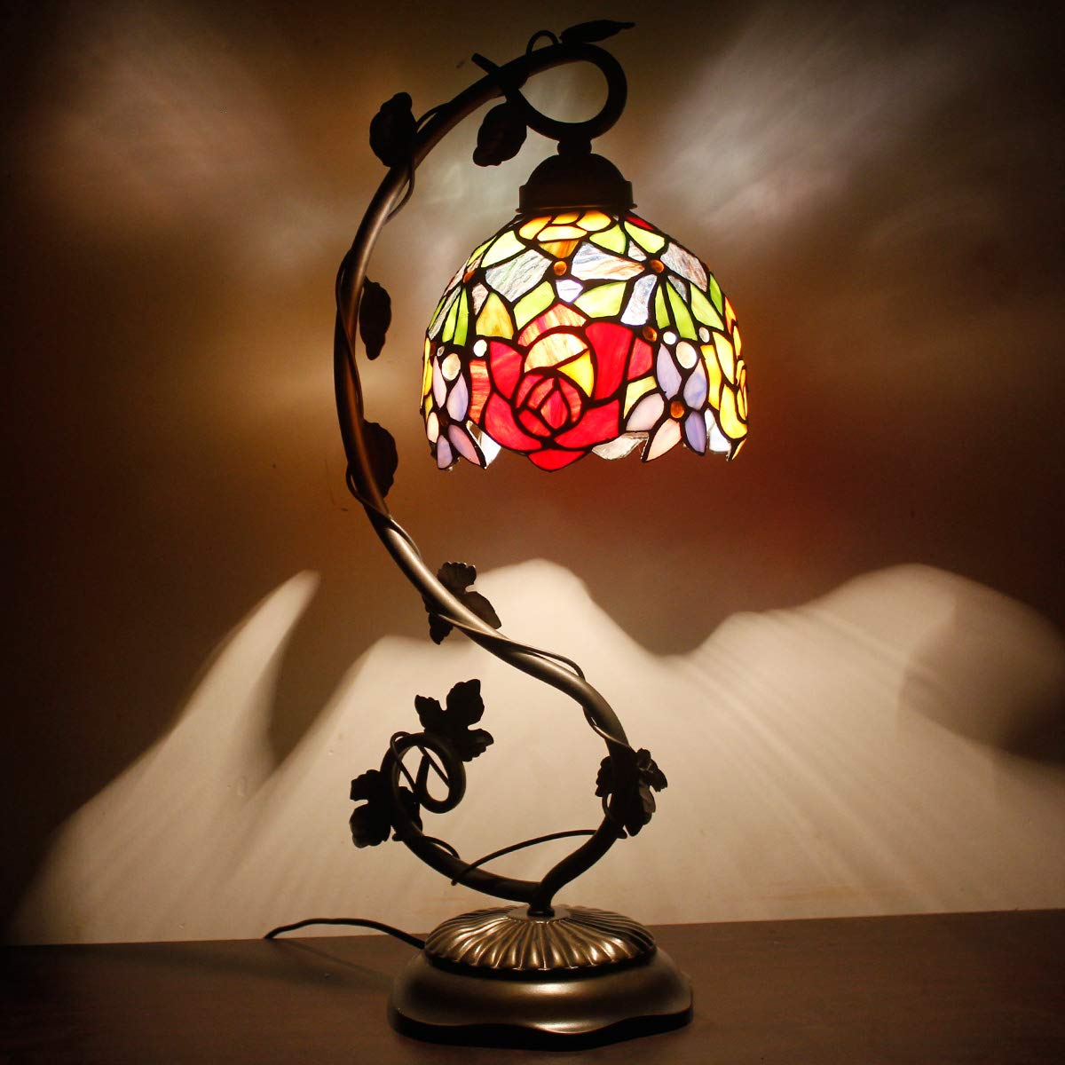 WERFACTORY Tiffany Table Lamp Rose Style Stained Glass Reading Desk Light
