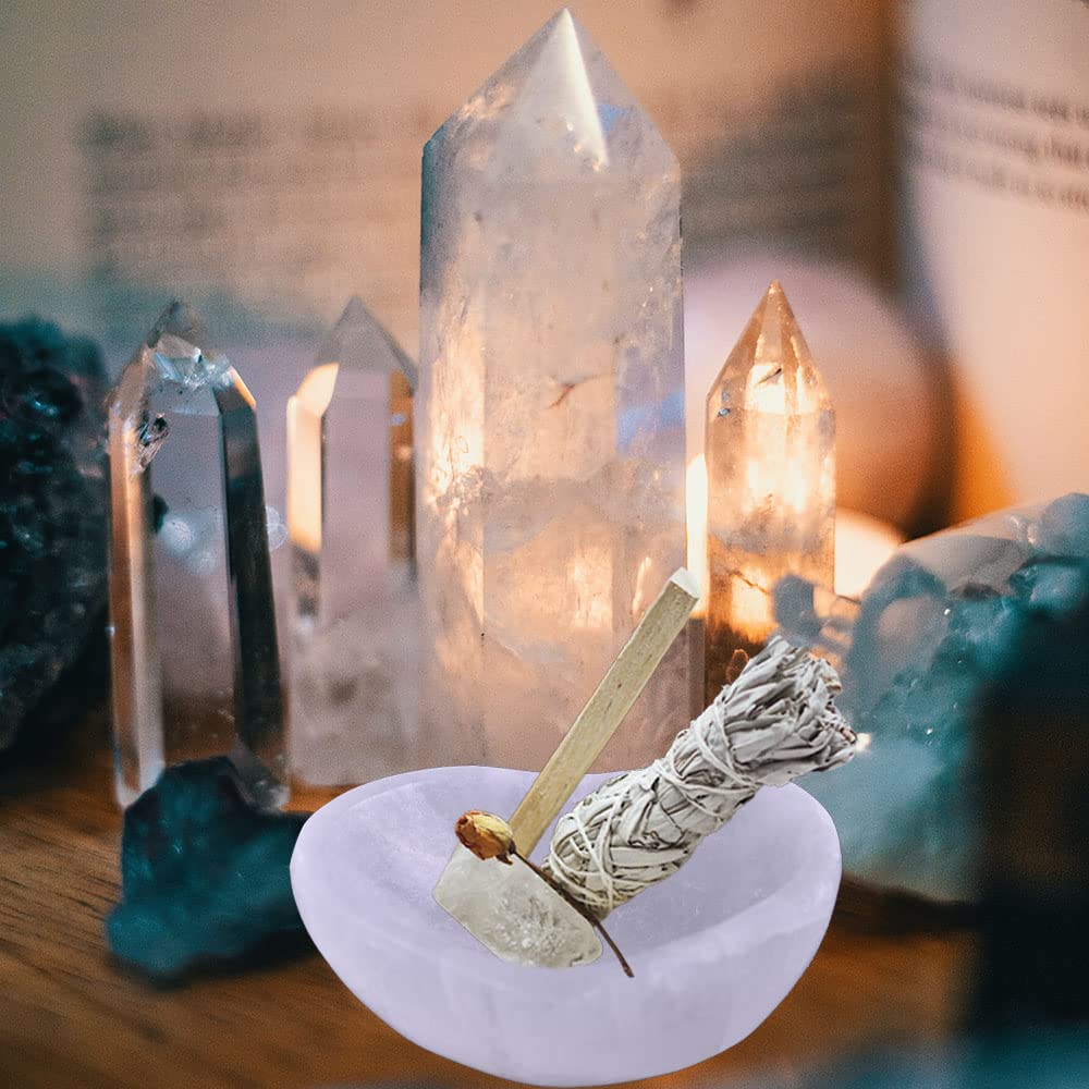 JIC Gem 5.5" Hand Carved Selenite Bowl Heart Shape Moroccan Selenite Crystals for Cleansing, Charging, Decoration or Gift