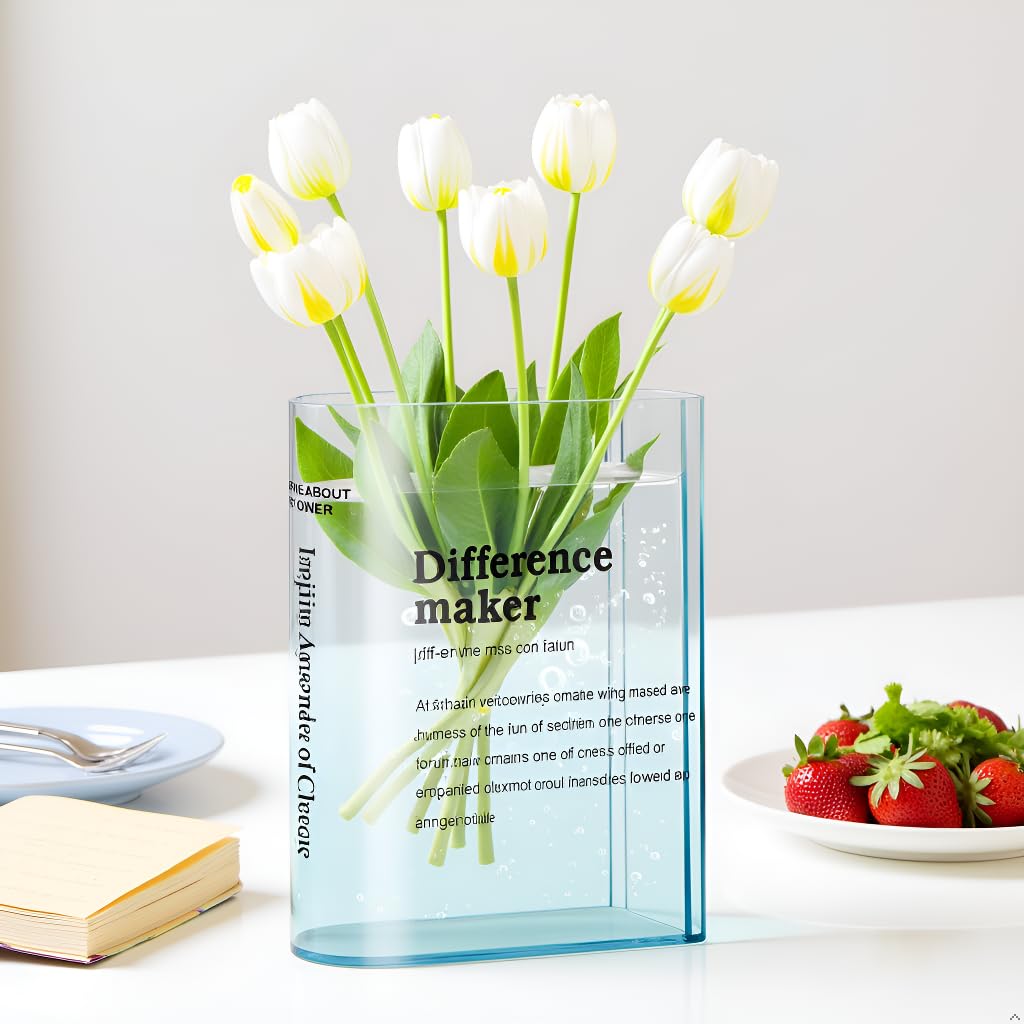 BuyCard Clear Acrylic Book Vase for Flowers, Transparent Book Flower Vase for Home Decor, Simplicity Bookshelf Decor, Unique Stuff for Book Lovers, Difference Maker, Gift to Motivate (Blue)