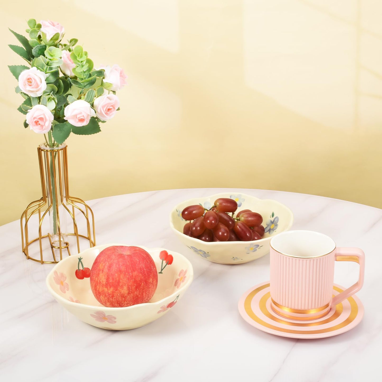 Koythin Salad Bowls, Cute Blue Flower Ceramic Candy Bowls, Cream Yellow Serving Bowl for Pasta, Cereal, Fruit, Soup, Rice, Dishwasher and Microwave Safe (Blue Flower Set of 1)