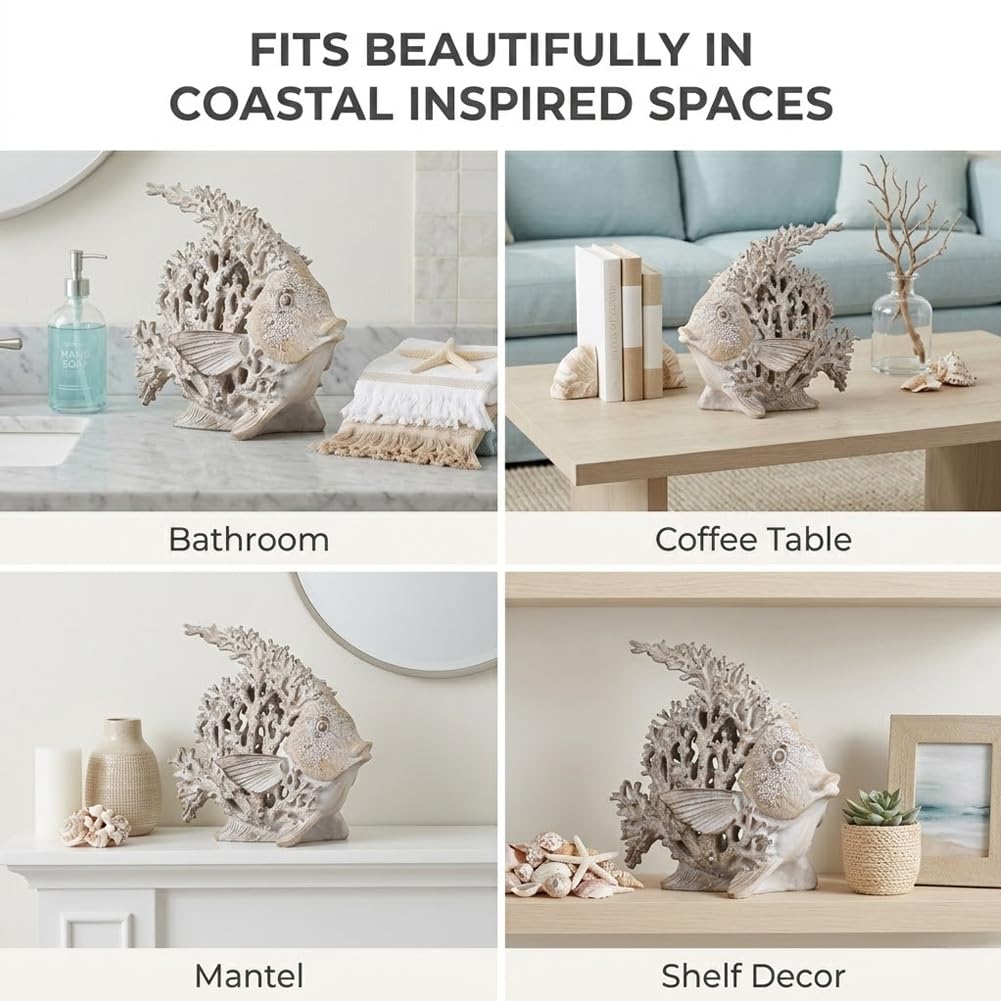 UANYEMON 7.28'' Ocean Coral Fish Sculpture - Resin Coastal Fish Figurine with Coral Backdrop, Ocean Blue & Sandy Beige Finish - Nautical Tabletop Accent for Living Room, Beach House & Bathroom Decor