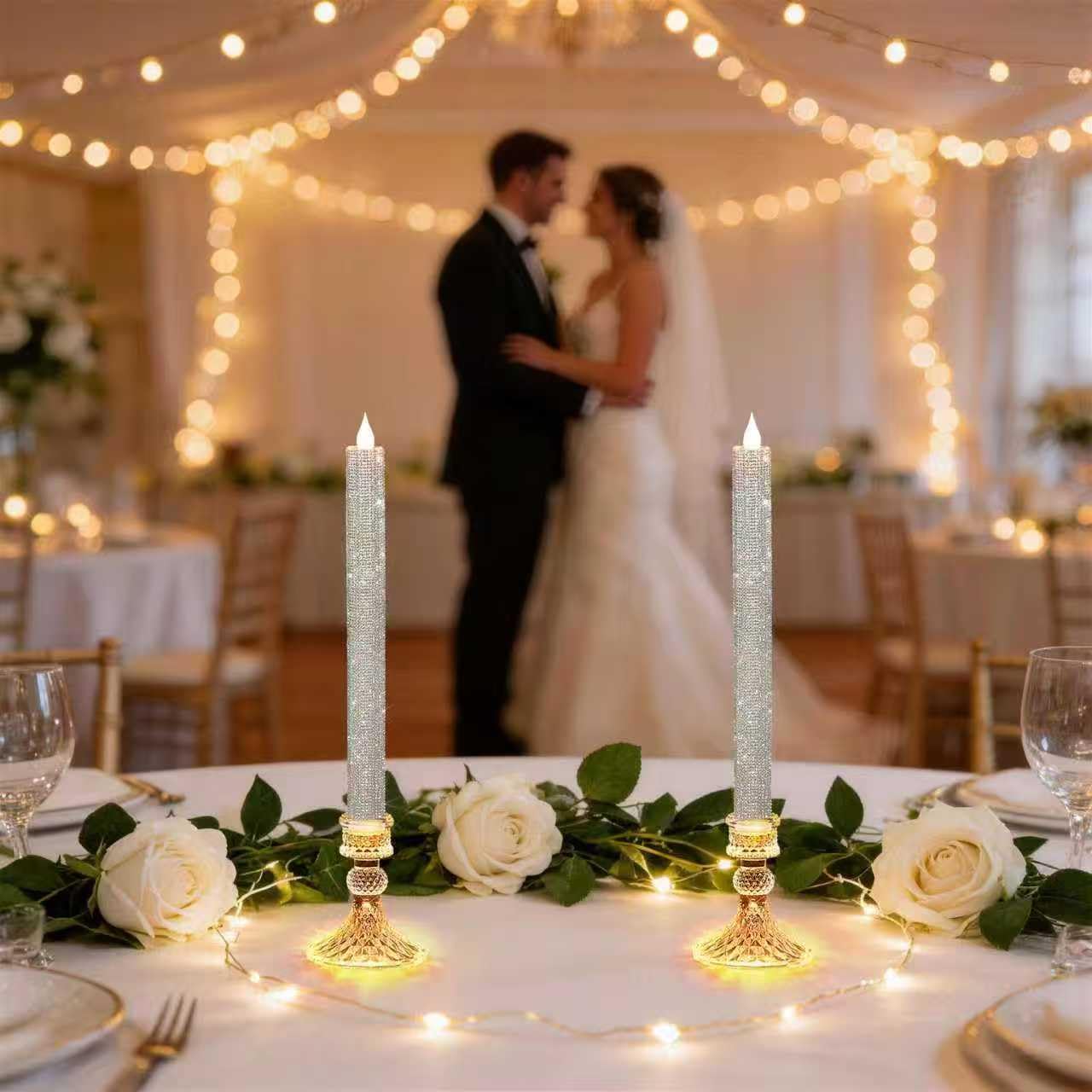 MISSTIME Flameless Taper Candles Wish Illuminated Holder-Glass Candle Holder, Remote Timer 2AA Battery Operated 500+ Hours for Thanksgiving/Xmas Decor, Wedding Centerpiece (Crystal Silver, 2 Pack)
