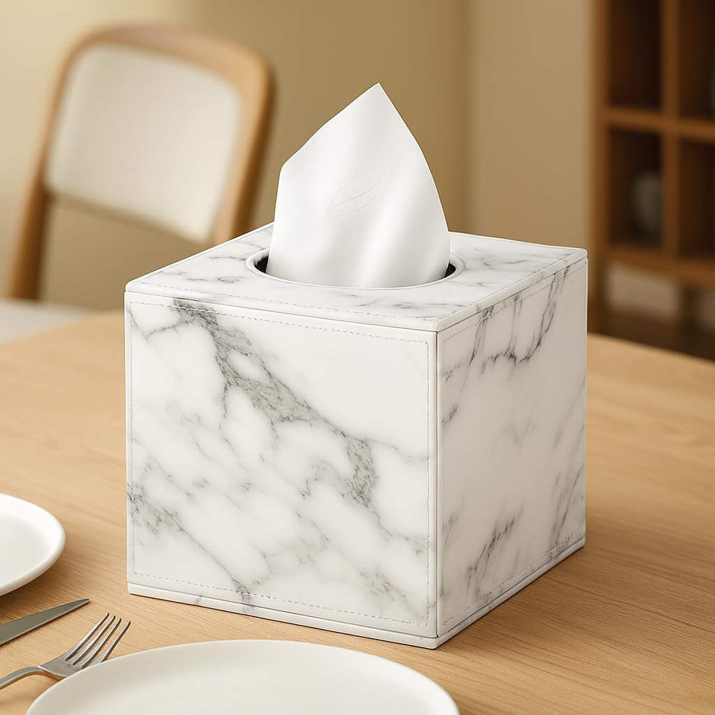 Luxury PU Leather Tissue Box Cover for Kleenex– Marble White Stylish Cube Dispenser for Home, Office, Car, Hotel – Square Tissue Holder with Magnetic Bottom