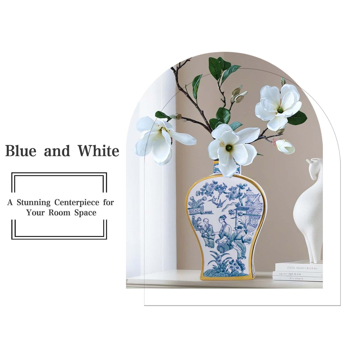 Blue and White Hand-Painted Ceramic Vase with Gold Rim - Antique Chinese Porcelain Bud Vase for Home Decor, Table Centerpieces for Living Room, Office, Entryway, Fireplace or Bookshelf