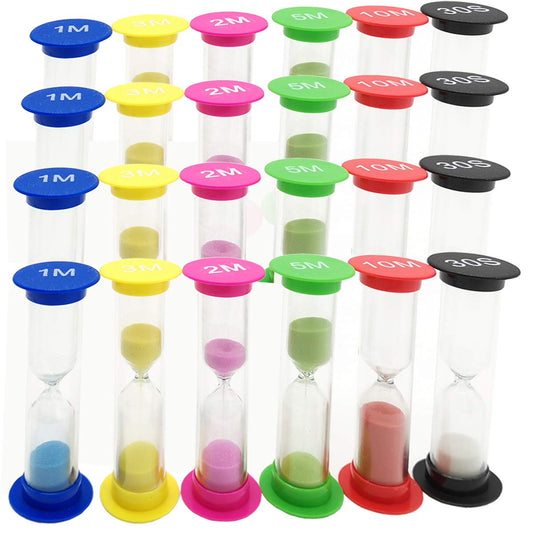 TIHOOD 24PCS Sand Timer Assortment Plastic Sand Clock Timer 30s / 1min / 2mins / 3mins / 5mins / 10mins for Adult Kids in Classroom Kitchen Games Office Multicolor