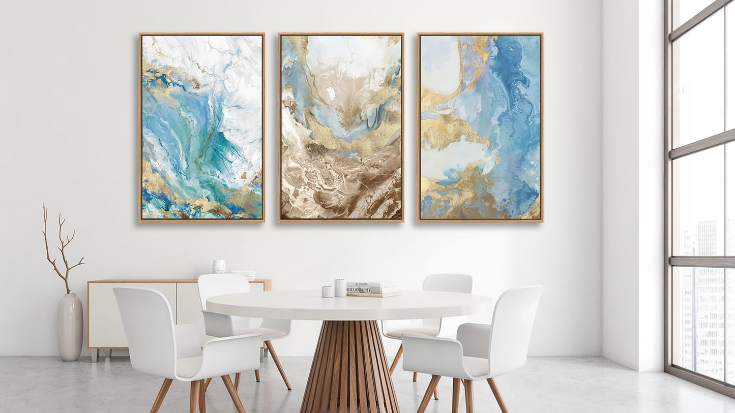 NINEASO Abstract Ocean Framed Wall Art – Vibrant Blue Turquoise Gold White Canvas Pictures Modern Swirls Painting Artwork for Living Room, Office & Home Wall Decor 24 x 16in * 3, Natural Wood Frame