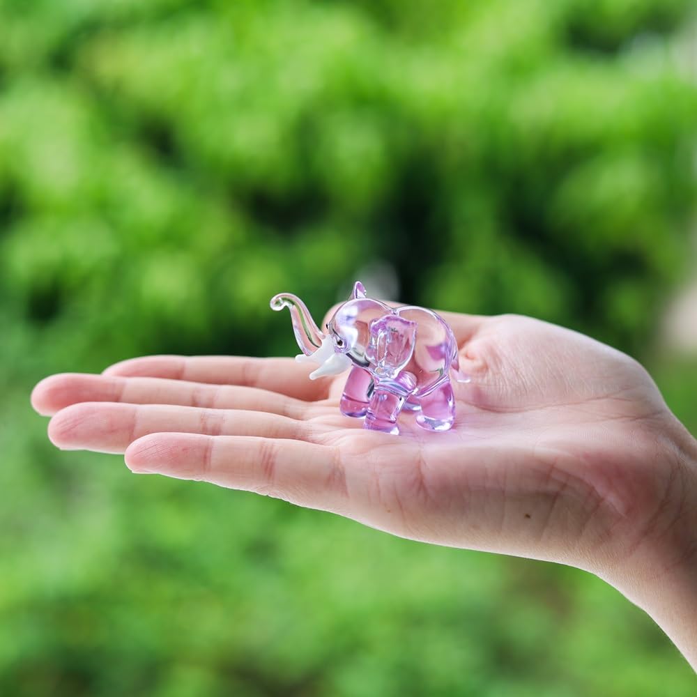 M Audomsak Hand-Blown Purple & Clear Art Glass Elephant Figurine – Handmade Mini Collectible, Symbol of Wisdom & Good Fortune, Unique Birthday, Home Decor & Thai Souvenir