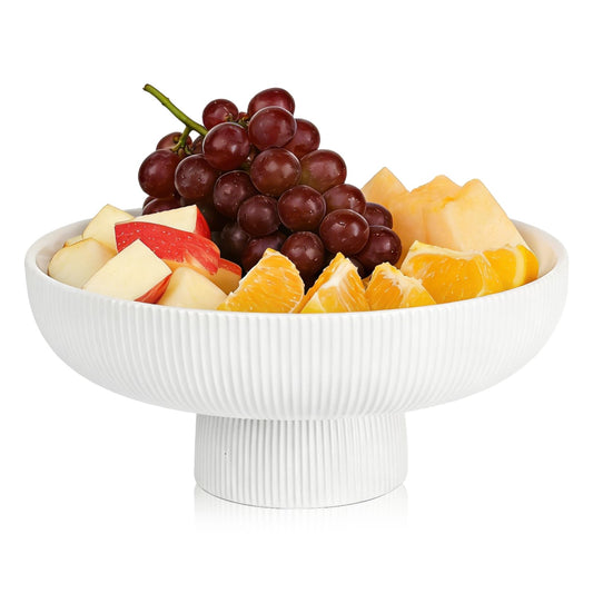 FAAYUCK Ceramic Fruit Bowl, 10" White Fruit Bowl for Kitchen Counter with Drainage Hole, Removable Pedestal Fruit Bowl with Non-Slip Pad, Large Decorative Fruit Bowl for Fruit, Vegetable, Salad, Snack