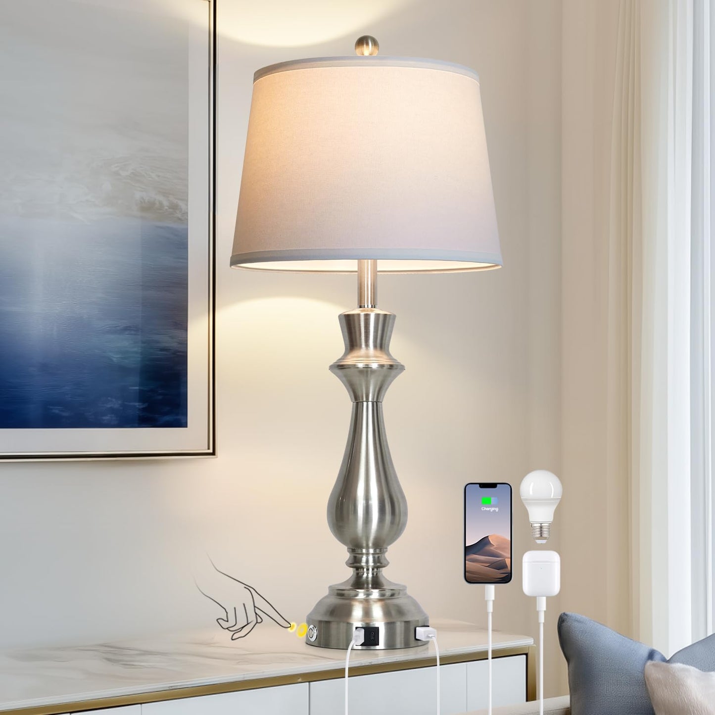 Cinkeda Silver Touch Lamps for Night Stand - 29.5" Tall Bedside Lamp with USB C+A, 3 Way Dimmable Bedroom Lamps, Brushed Nickel Table Lamps for Living Room,Single Silver