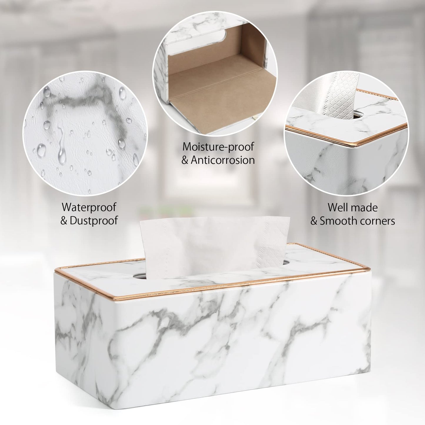 Tissue Box Cover, PU Leather Tissue Box Holder Rectangular Tissue Holders for Home/Office/Car Decoration 9.84"X5.23"X3.77" - Phnom Penh Marble