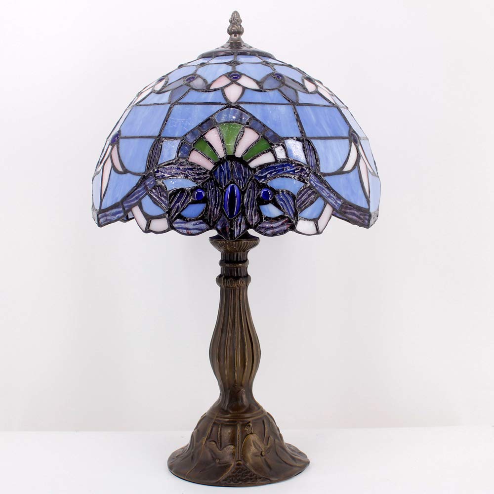 WERFACTORY Tiffany Lamp Stained Glass Table Lamp 12X12X18 Inches Blue Purple Baroque Style Lavender Bedside Reading Desk Light Decor Bedroom Living Room Home Office S003C Series