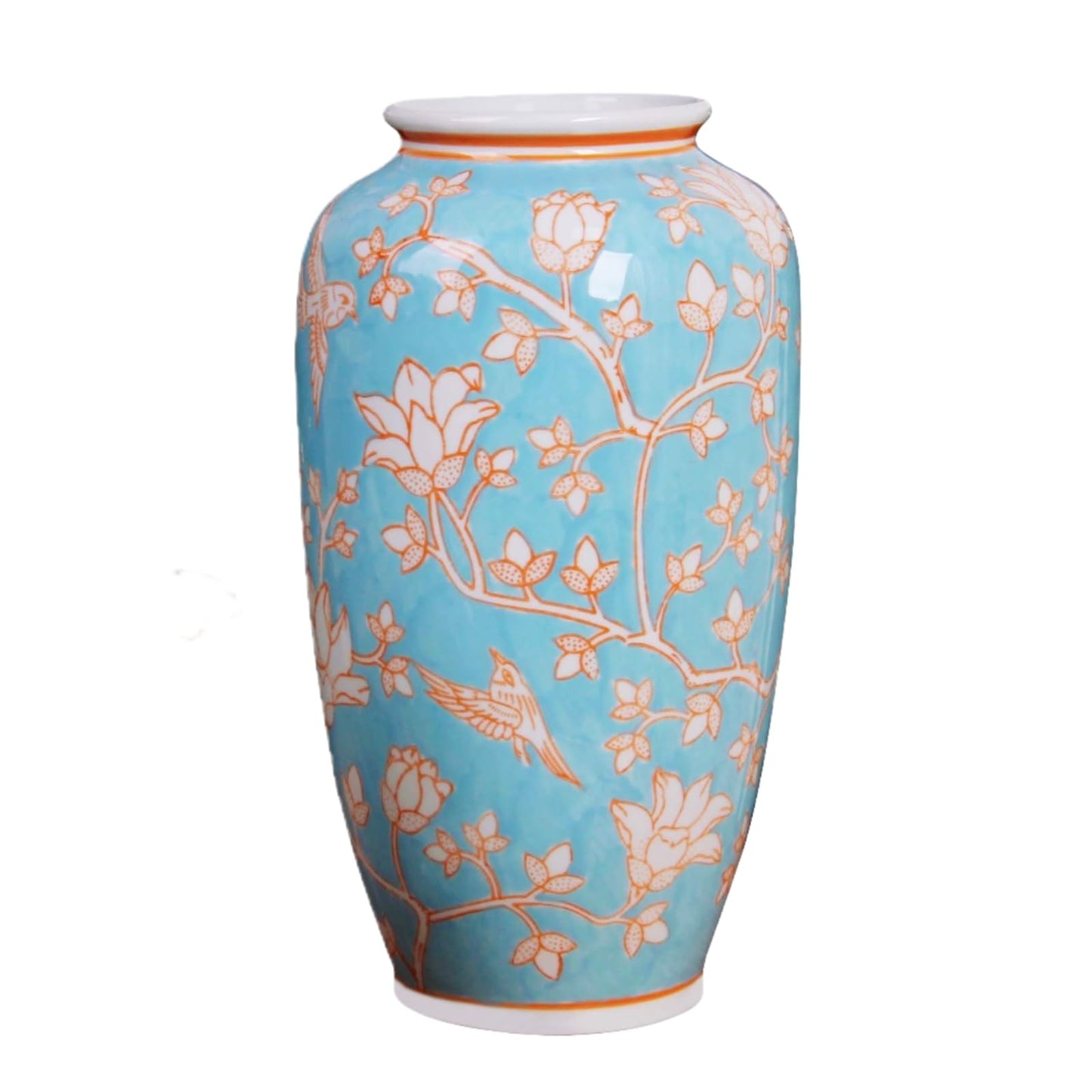 Blue and White Chinoiserie Ceramic Vase, 14 Inch Chinese Style Hand Painted Flower & Bird Art Decor Vase Antique Floral Vase for Living Room, Farmhouse, Table Centerpiece