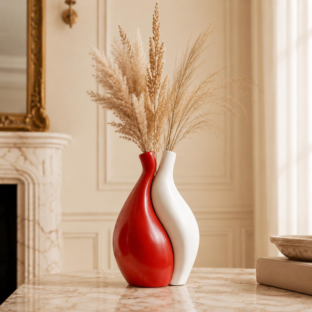 XGZY Simple Modern Art Red and White Ceramic Vase, Flower Vase Home Decor for Room, Bedroom, Office Desk, Entryway Table, Farmhouse, Coffee Table, Shelf, House Warming Gifts