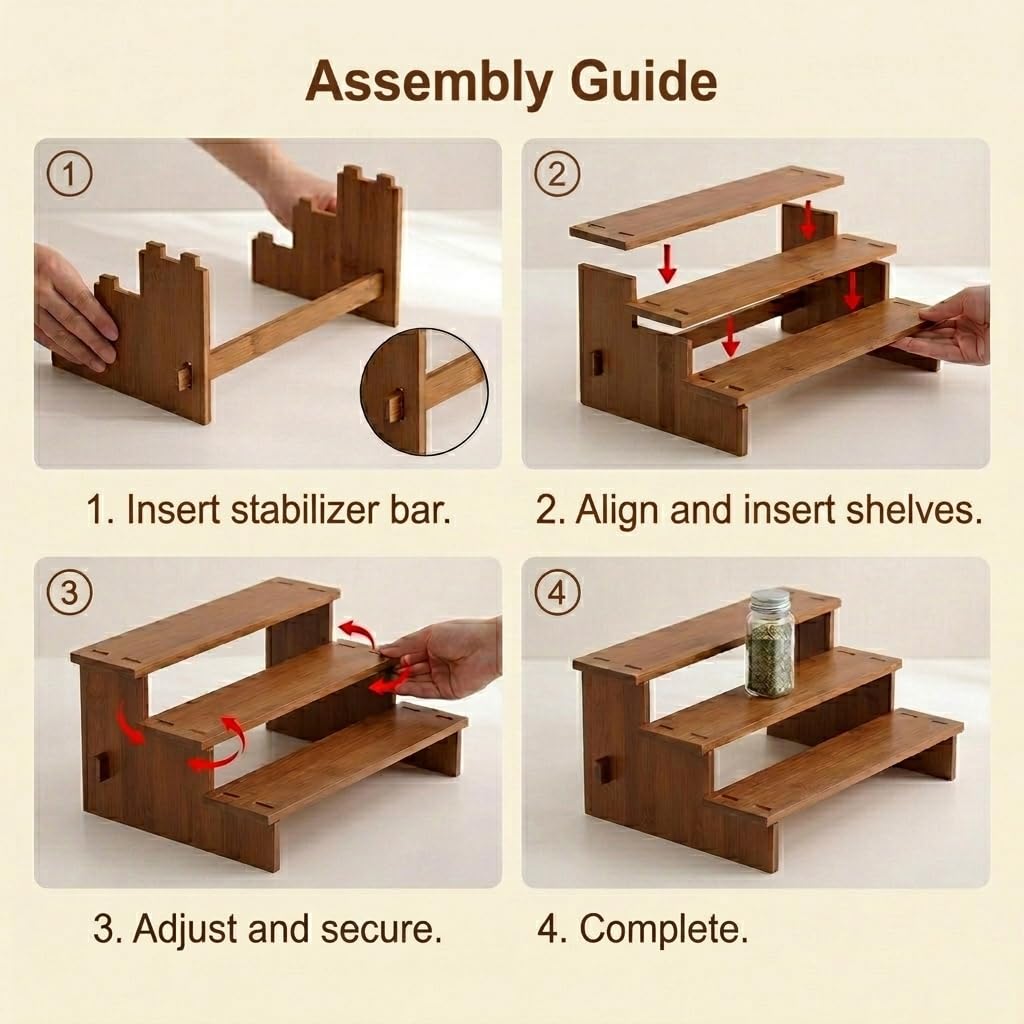 Pinkrin Bamboo Spice Rack Organizer for Cabinet, 3 Tier Wooden Tiered Spice Shelf for Countertop, Standing Kitchen Seasoning & Spice Jar Racks for Pantry, Inside Cabinets & Cupboard