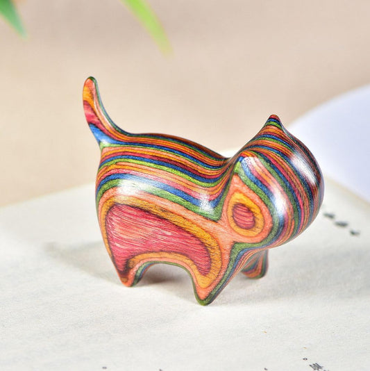 HLbshi Handmade Rainbow Wooden cat Figurine Wood Animal Statue Desk Home Decor 1.5'' (Eyeless)