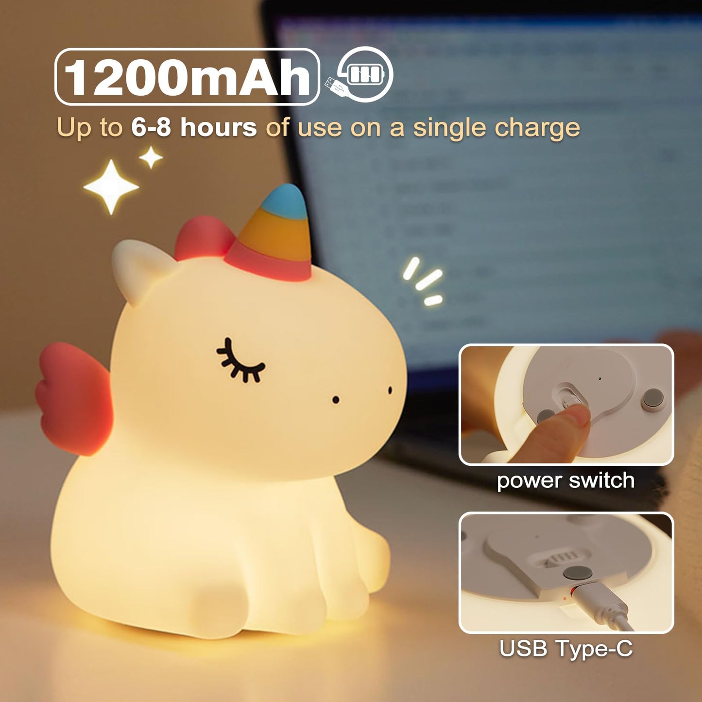 VTIGER Unicorn Night Light, LED Squishy Cute Lamp, Dimmable Kids Baby Bedroom Nightlight, Rechargeable Touch Lamp for Girls Room Decor
