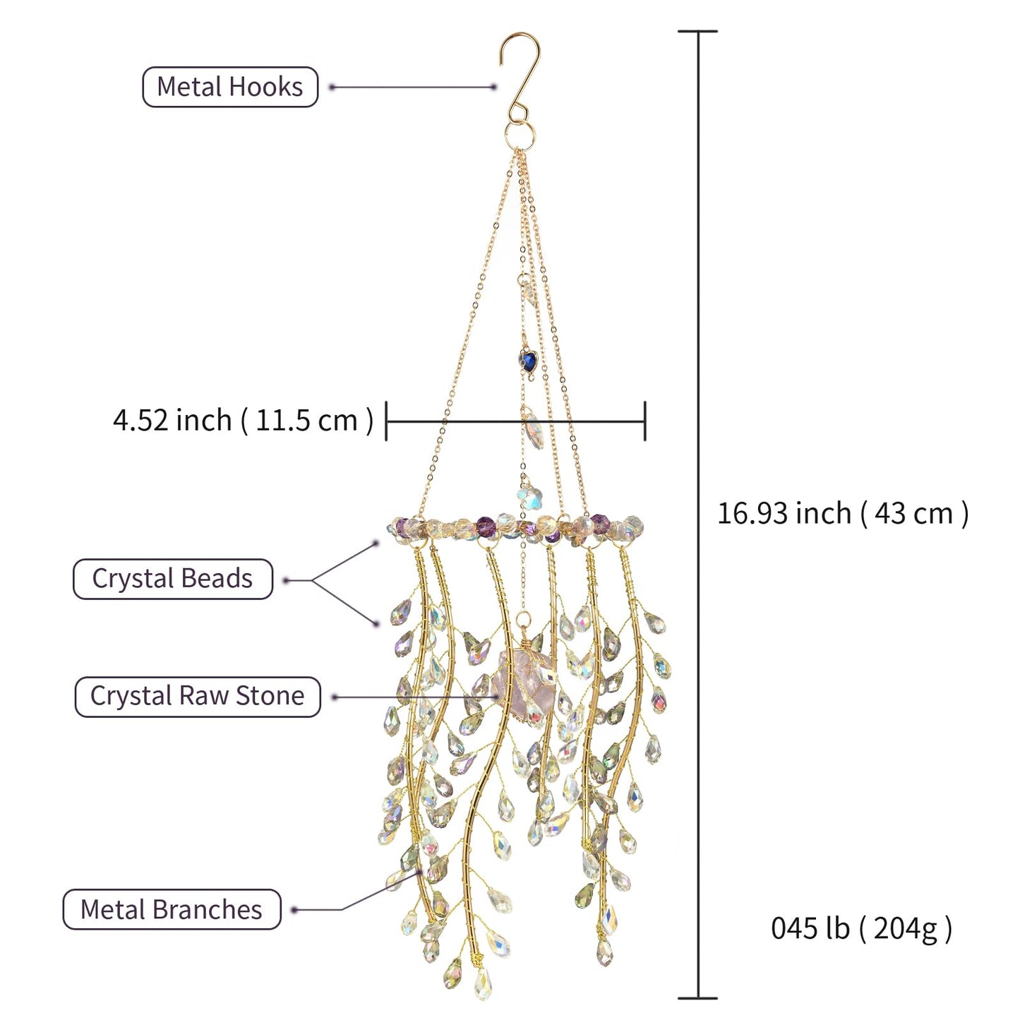 Crystal Hanging Suncatcher with Natural Stone, 16.9 Inch Decorative Wind Chime, Gold Chain & Branch Design (Purple)