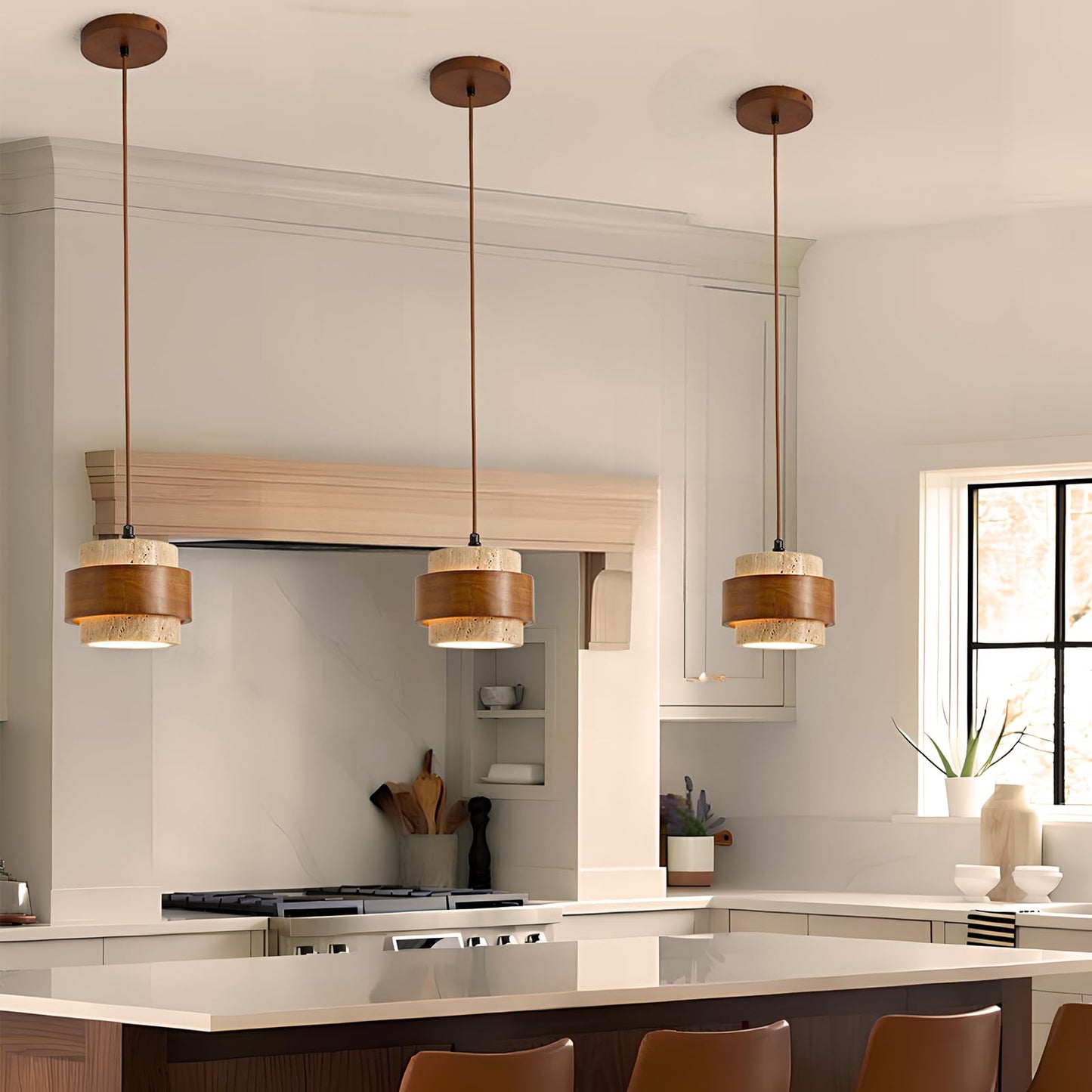 Wabi Sabi Pendant Light Set of 2, Natural Stone Travertine & Wood Hanging Lamp for Kitchen Island, Hallway, Bedroom, Dining Room Ceiling Decor (E26 Bulb, 6.7 in Stone Ring)