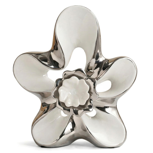 Dneuoir Ceramic Statue Home Decor Aesthetic Abstract Flower Sculpture Modern Decorative Statues for Living Room Bedroom Bookshelf Desktop Dinging Table Centerpiece Office(White and Silver)