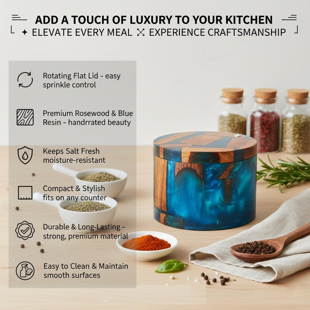 Resin Wooden Salt Box with Magnetic Swivel Lid - Handcrafted Namakdani - Rosewood Container for Celtic Salt, Spice, Pepper, Salt Herbs - Kitchen Accessory for Decorative Countertop(Blue Resin)