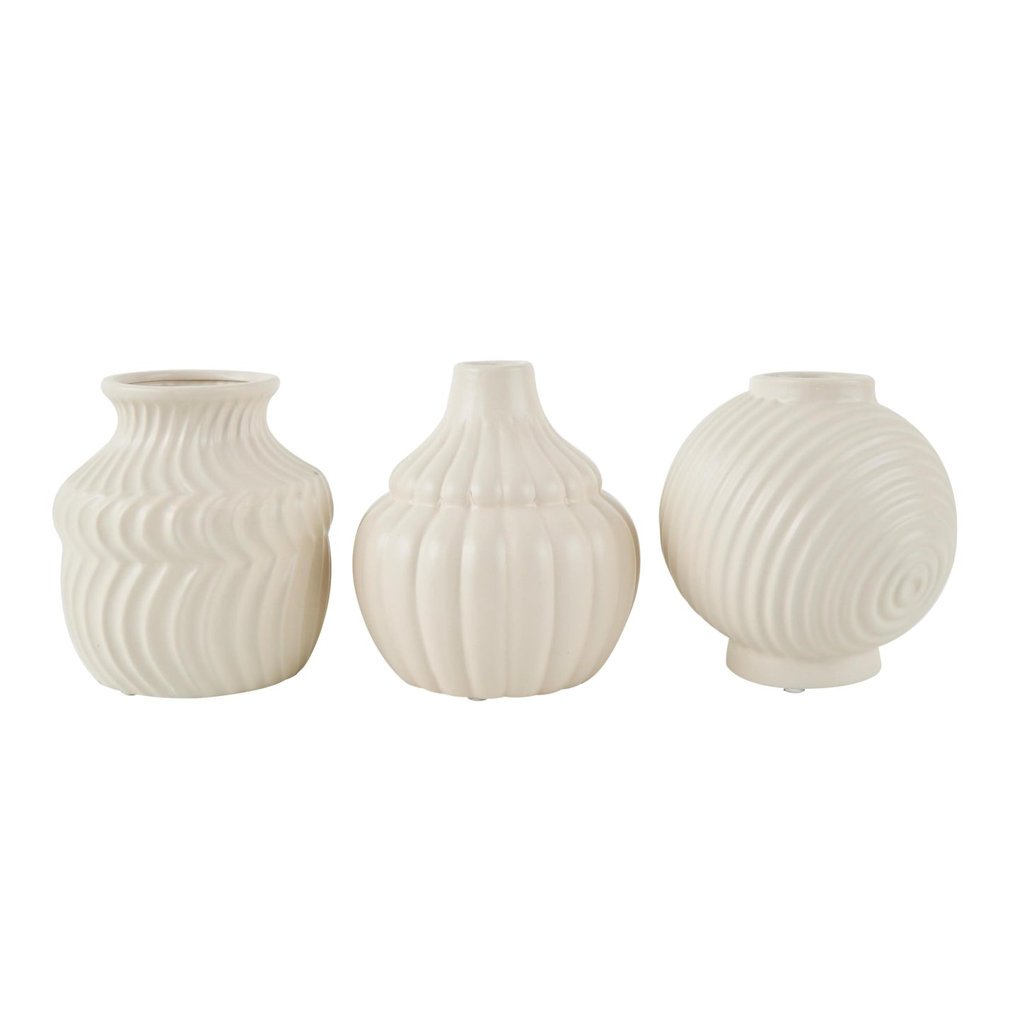 Deco 79 Ceramic Abstract Decorative Vase Small Textured Centerpiece Vases with Varying Shapes and Patterns, Set of 3 Flower Vases for Home Decoration 5" W, 6" H, Cream