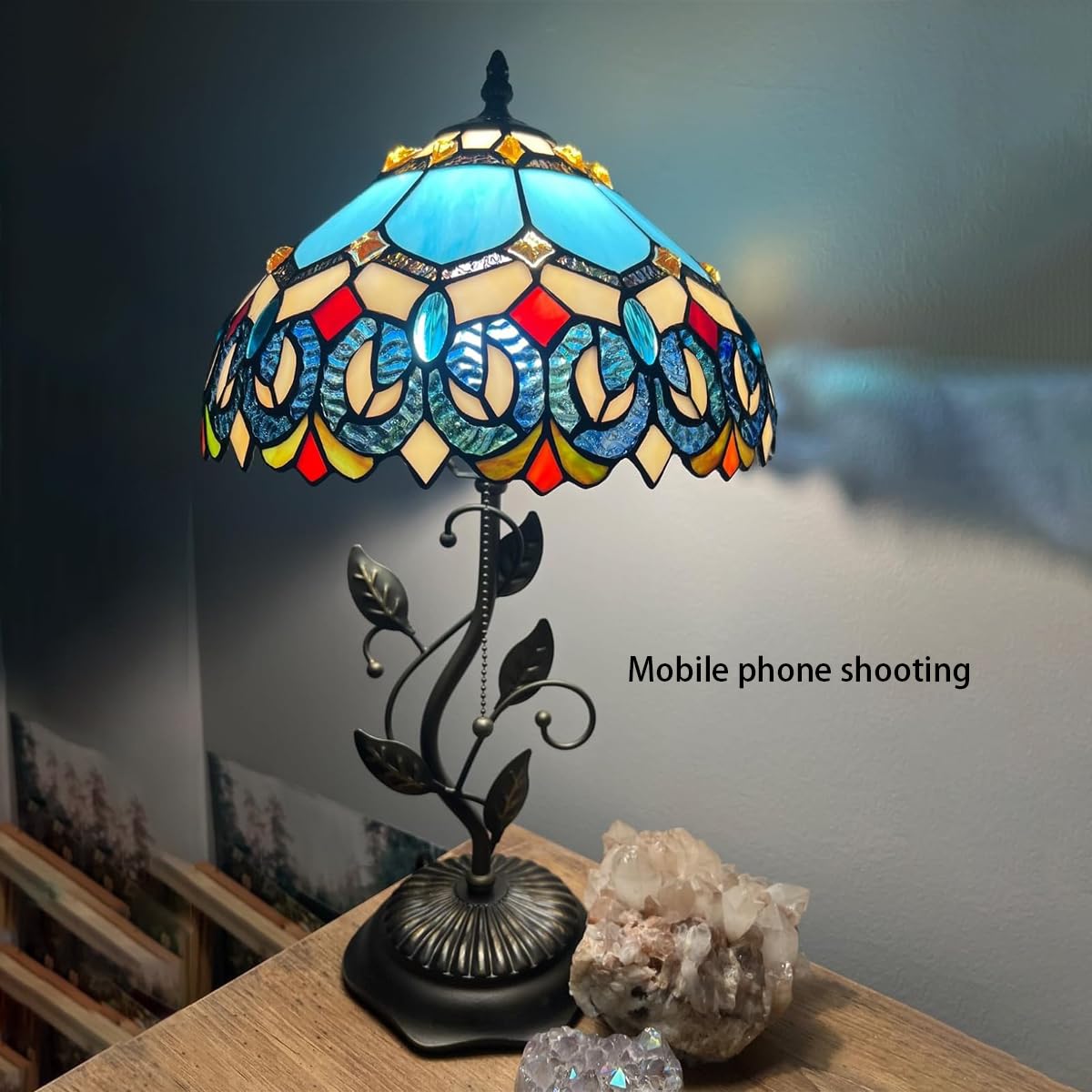LXHCYOU Tiffany Table Lamp, Stained Glass Desk Light, W12H19 Inch, Metal Leaf Base (Sapphire Style)