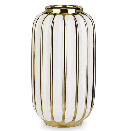 Briful Gold Plated Lantern Ceramic Vase Home Decor Creative Design Porcelain Decorative Flower Vase 11.02'' White Ceramic Vases for Wedding Anniversary Decoration
