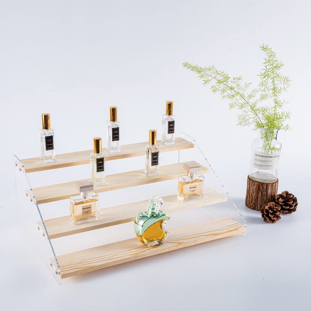 PACKGILO 4 Tier Acrylic Display Stand for Figures Wooden Risers for Display Case Craft Fair Acrylic Cupcake Stand for Dessert Table Top Jewelry Displays for Craft Shows Cologne Perfume Shelf (SMALL)