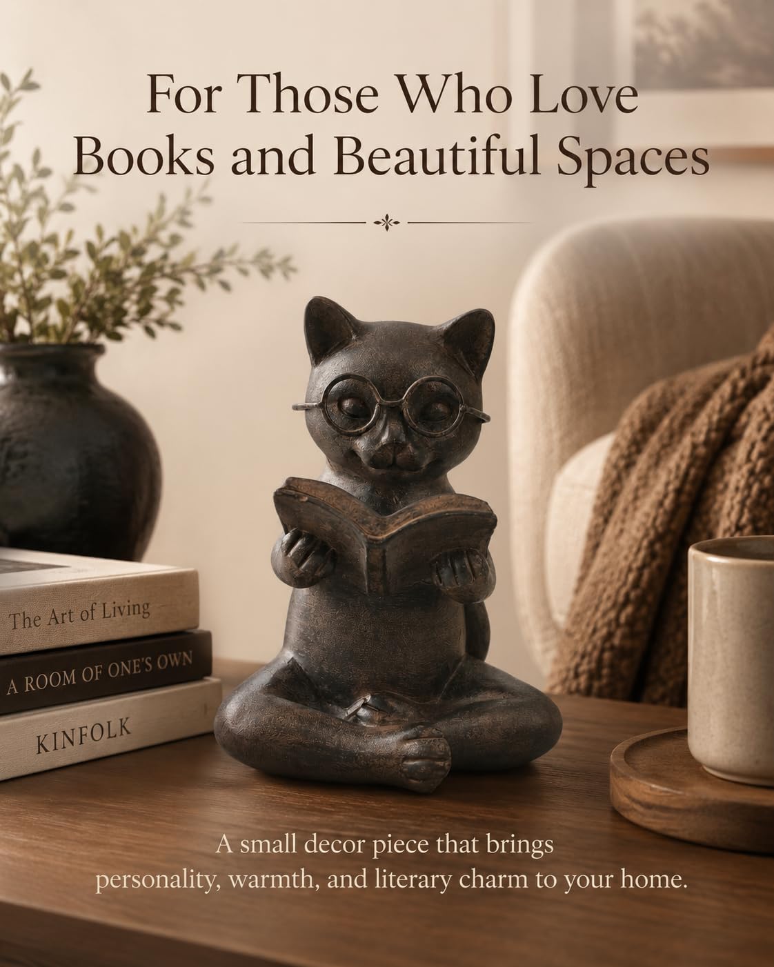 Bronze Cat Figurine Reading Book, Resin Home Décor Accents Statue with Glasses, Cute Tabletop Decor for Bookshelf Desk Office Library, Cat Lovers Gifts for Women Man Teacher Student (Reading Cat)